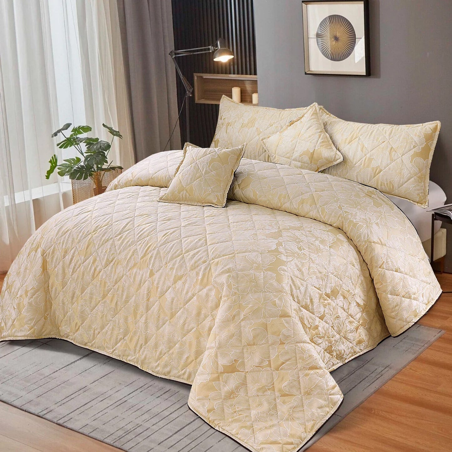 5Pcs King Size Plachi Bed Spread Set - Luxor Floral Beige