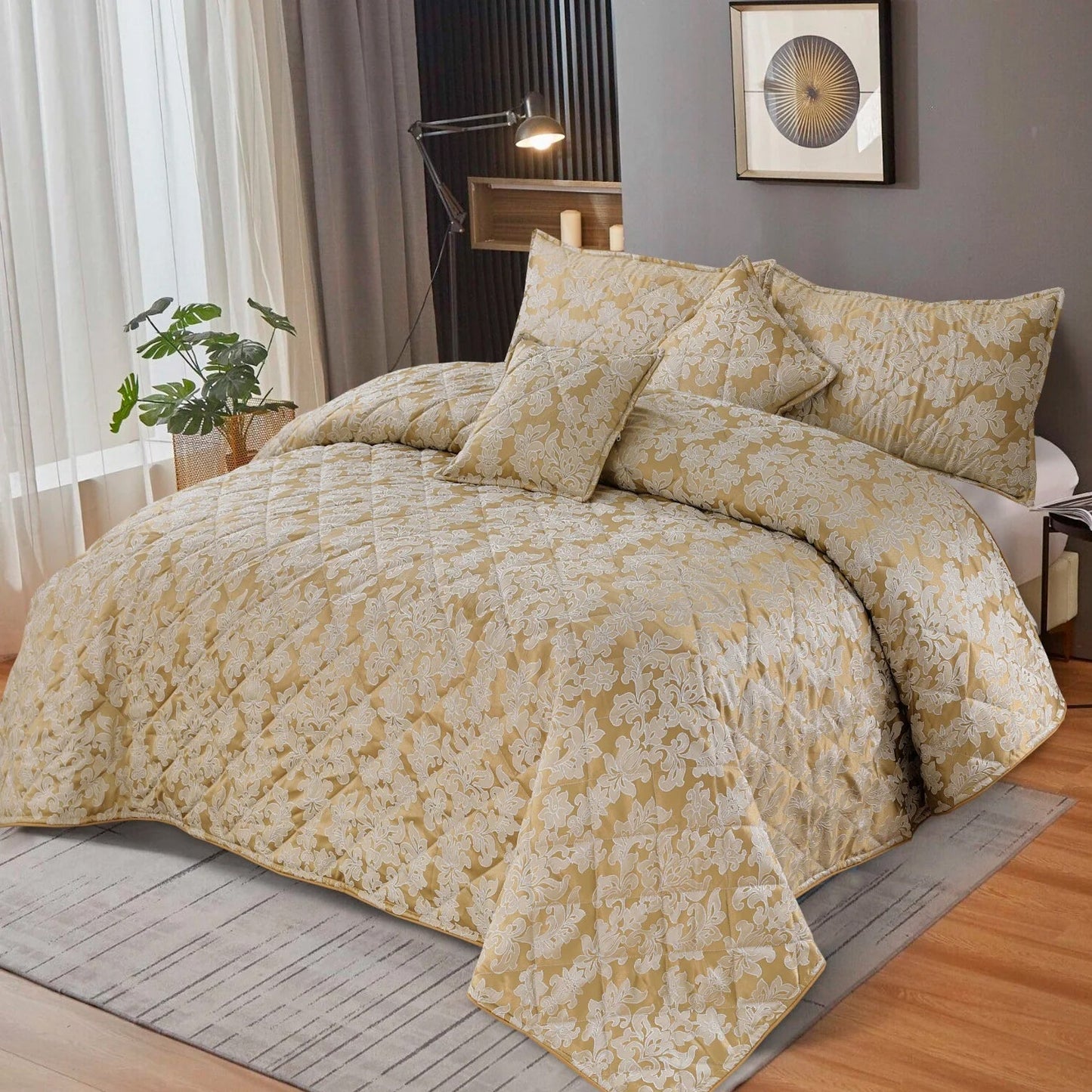 5Pcs King Size Plachi Bed Spread Set - Luxor Floral Gold