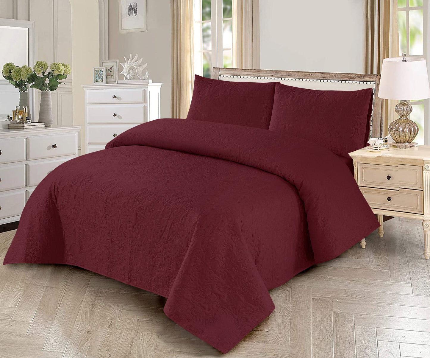 Floral - 3Pcs King Size Quilted Bedspread Set - Maroon