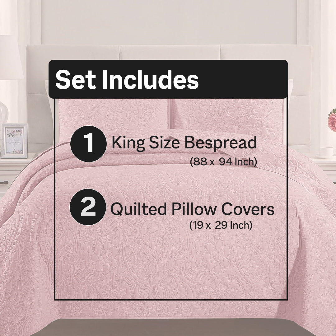 Floral - 3Pcs King Size Quilted Bedspread Set - Barbie Pink