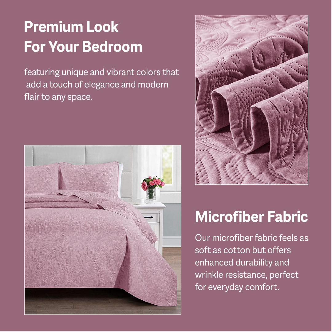 Floral - 3Pcs King Size Quilted Bedspread Set - Barbie Pink