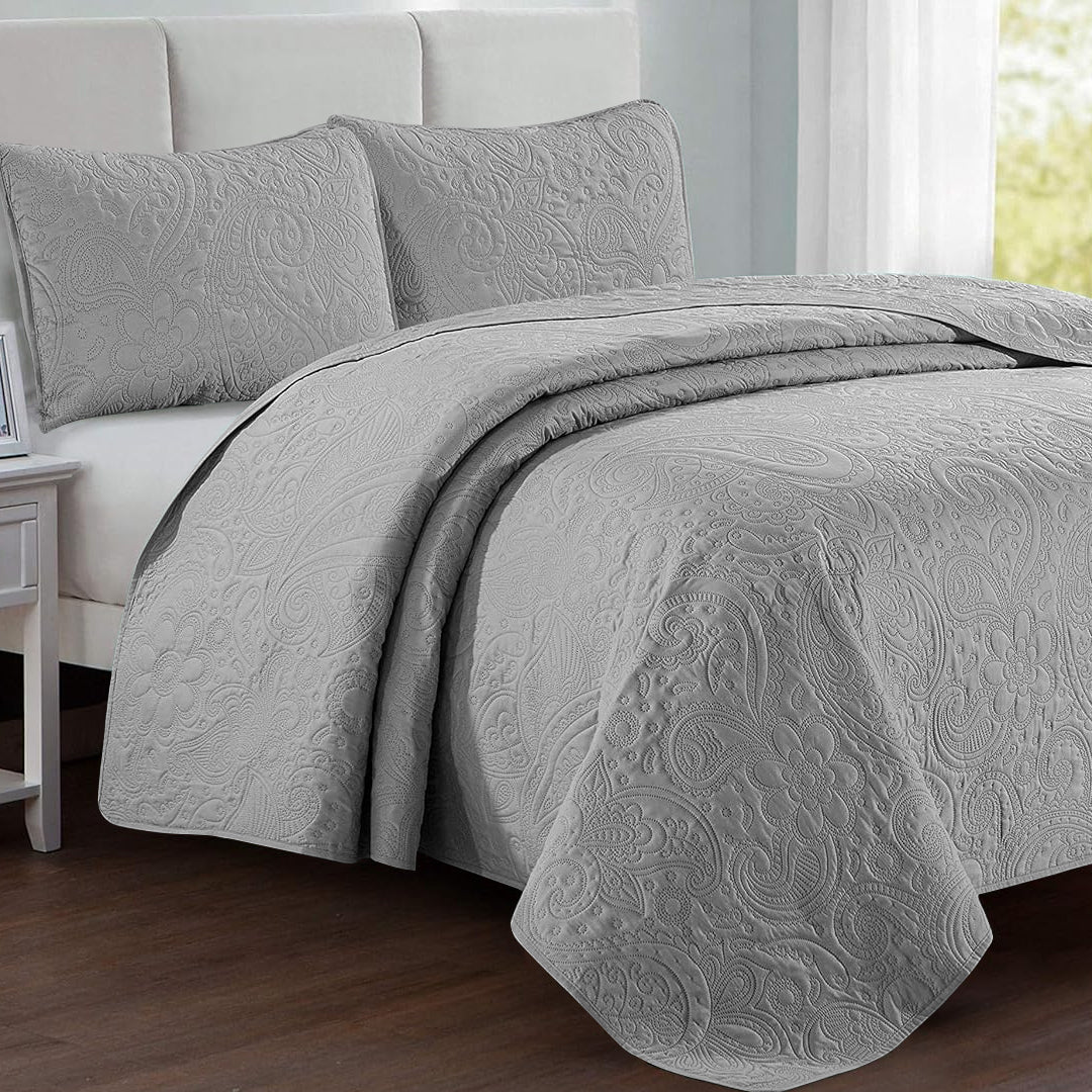 Floral - 3Pcs King Size Quilted Bedspread Set - Silver