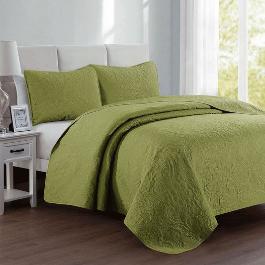 Floral - 3Pcs King Size Quilted Bedspread Set - Pistachio