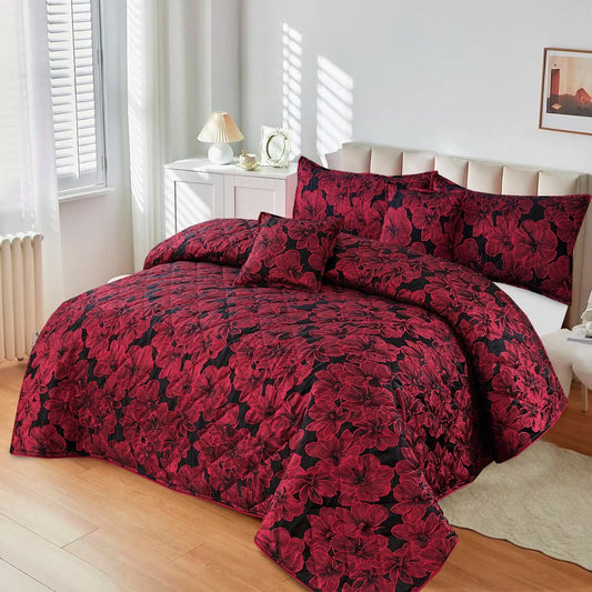 5Pcs King Size Plachi Bed Spread Set - Burgundy Florals