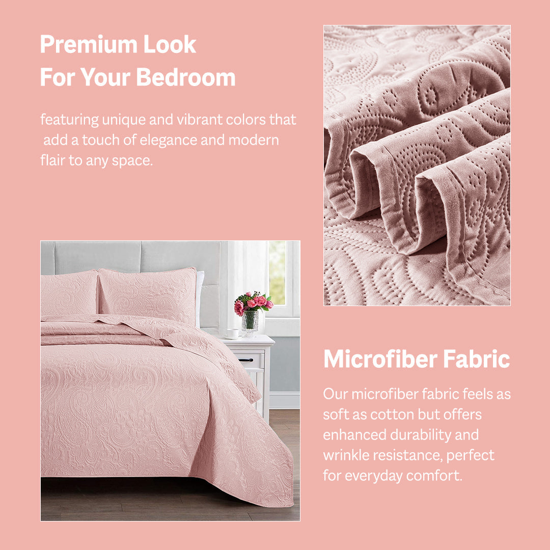 Floral - 3Pcs King Size Quilted Bedspread Set - Baby Pink