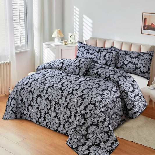 5Pcs King Size Plachi Bed Spread Set - Damascus Black