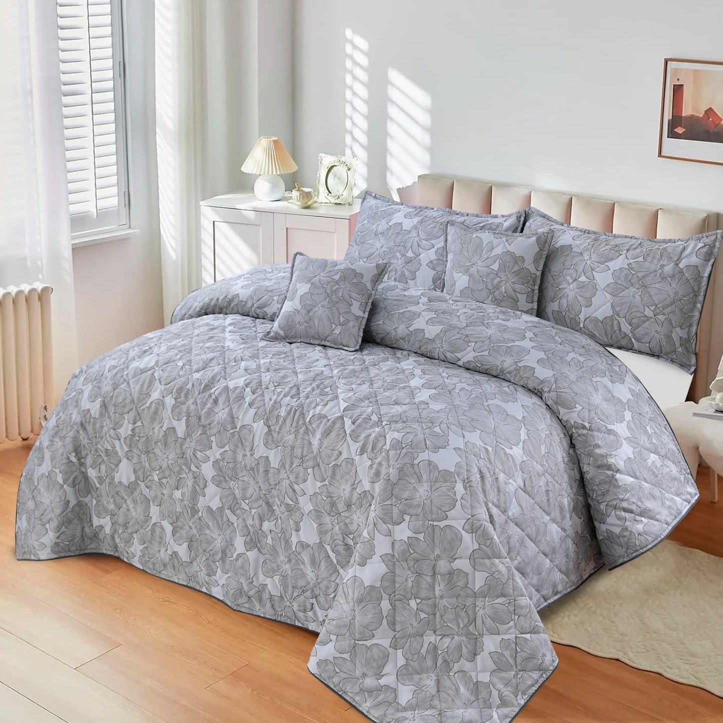 5Pcs King Size Plachi Bed Spread Set - LilyNest Grey