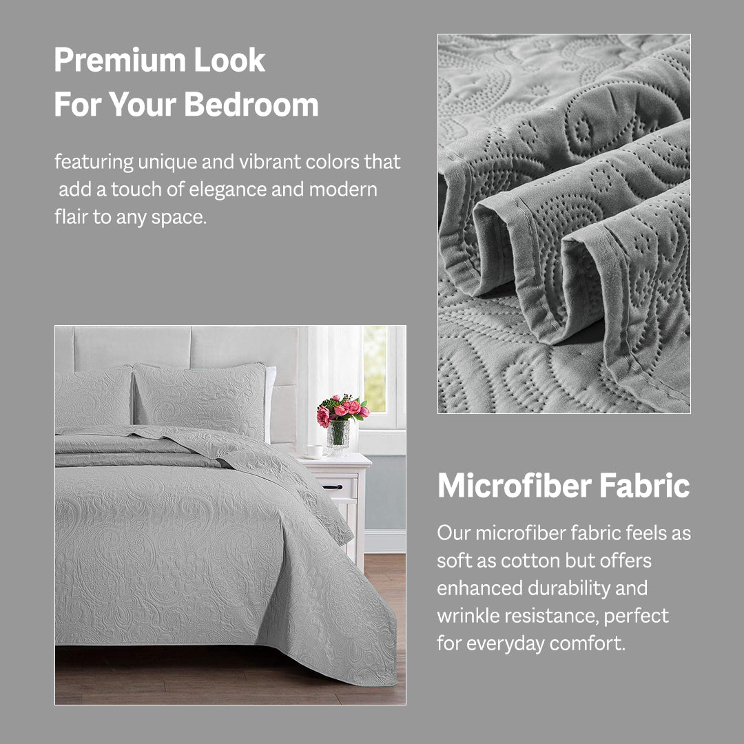 Floral - 3Pcs King Size Quilted Bedspread Set - Silver