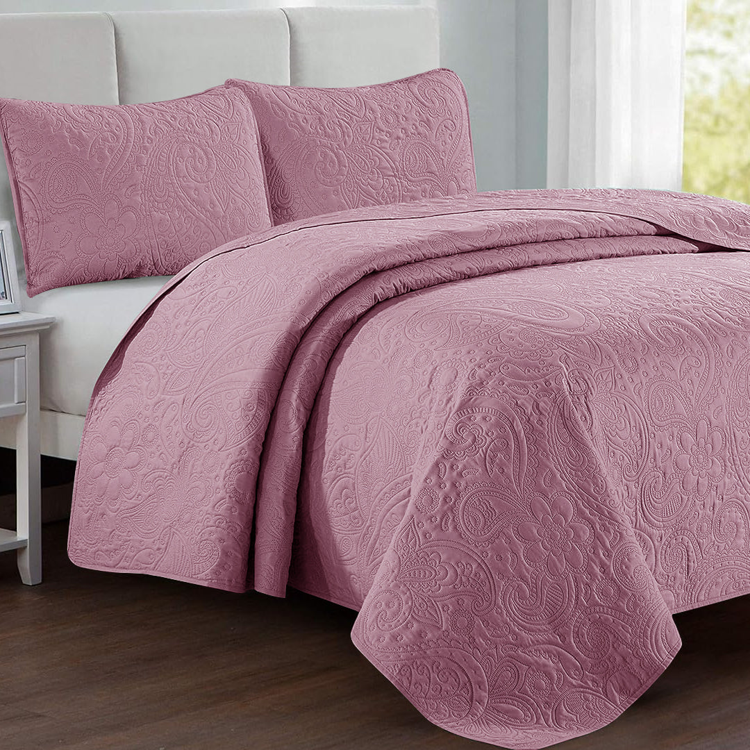 Floral - 3Pcs King Size Quilted Bedspread Set - Barbie Pink