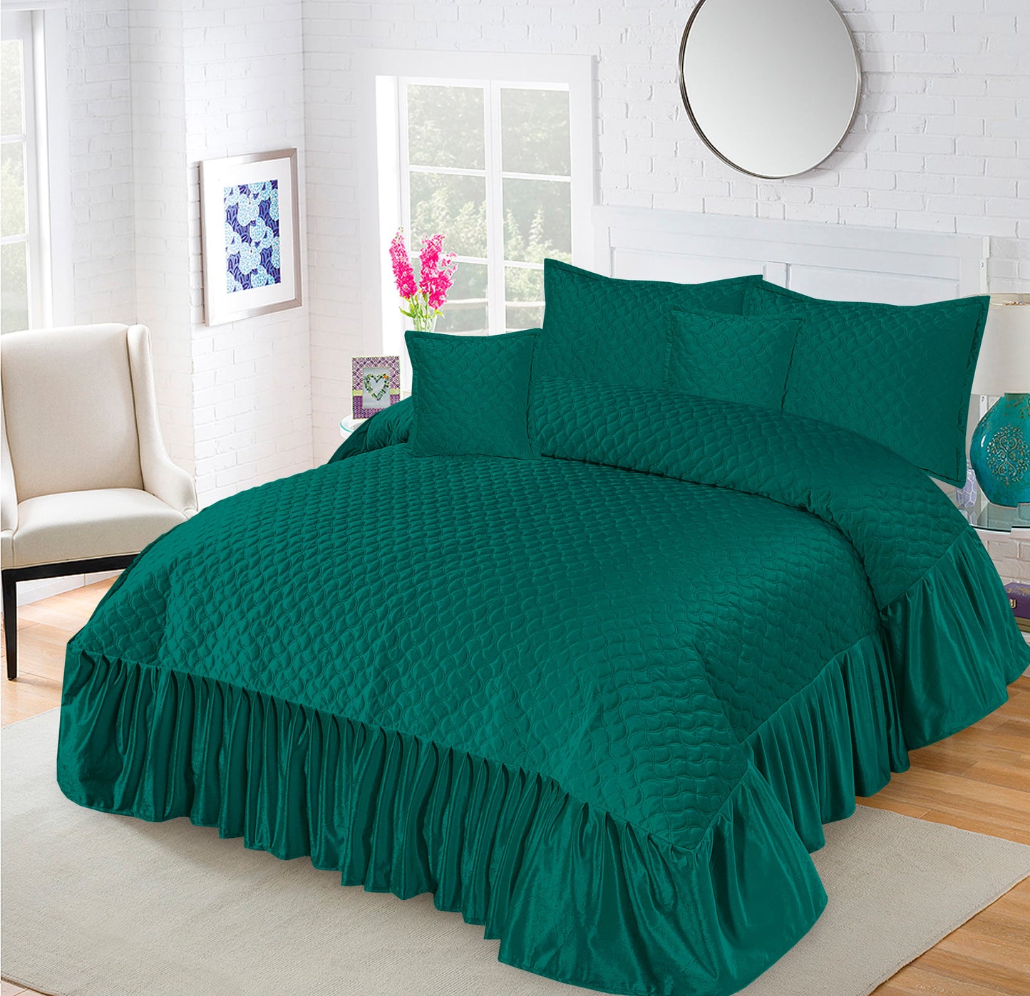 5Pcs Velvet Quilted Bedding Set - Emerald