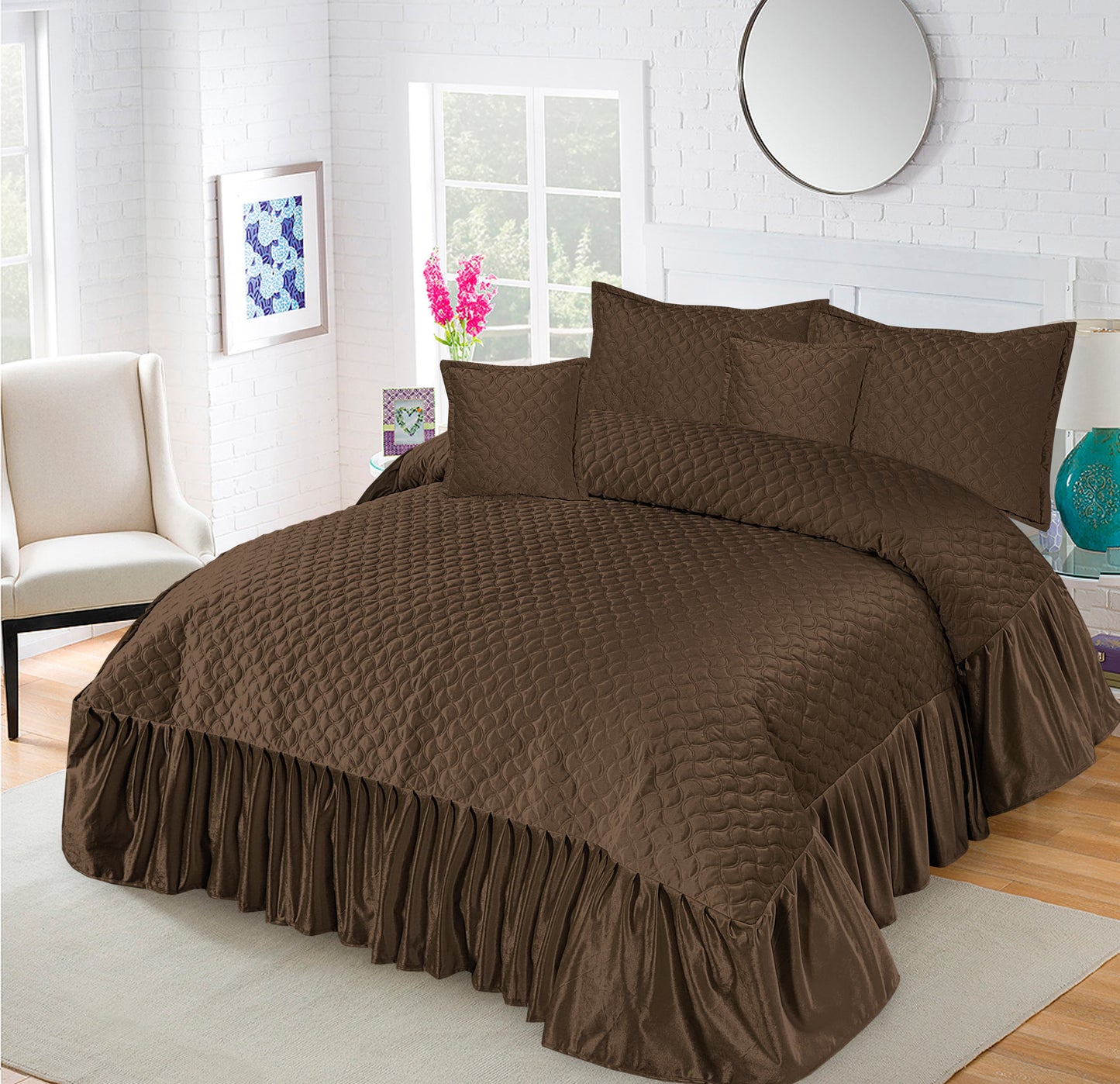 5Pcs Velvet Quilted Bedding Set - Brown