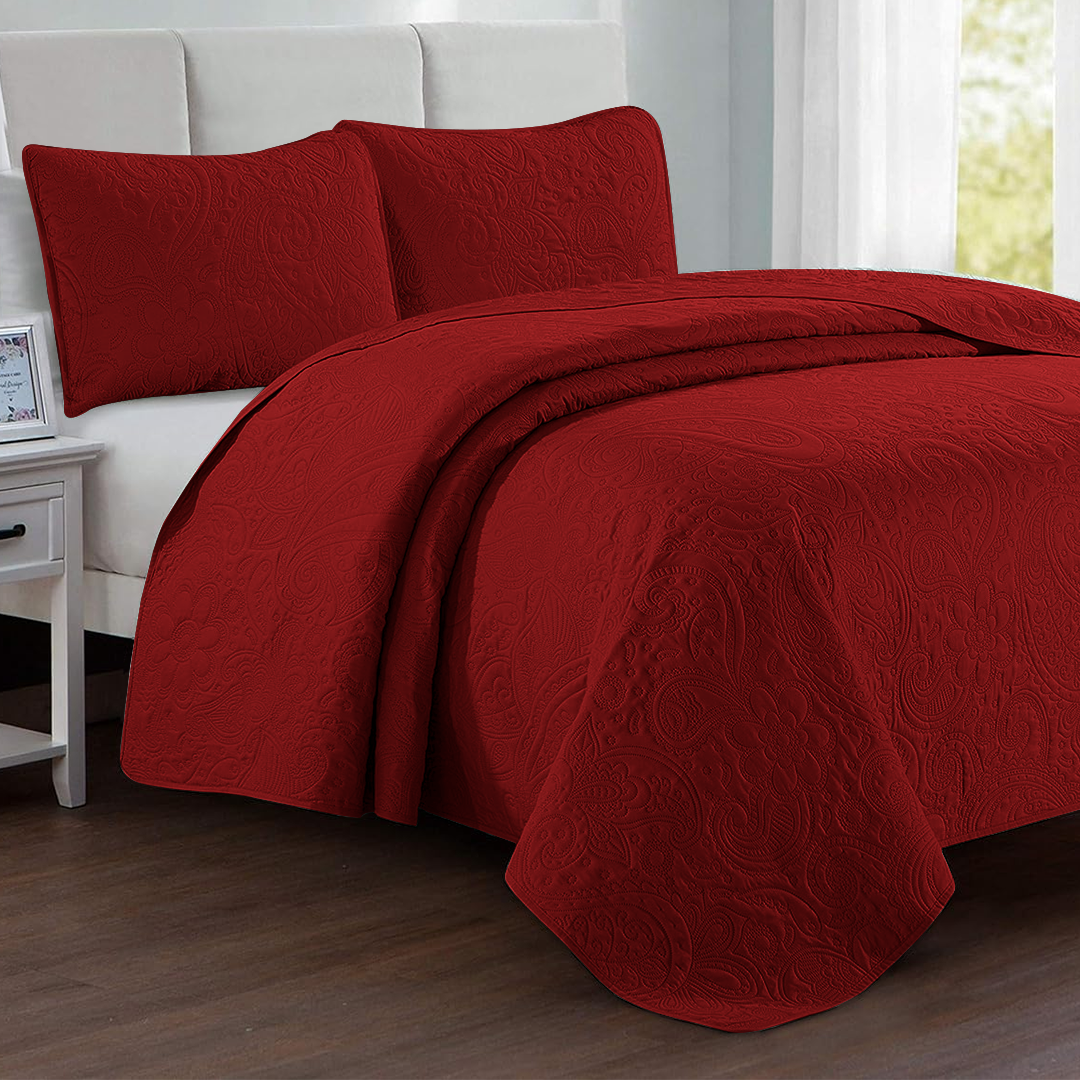 Floral - 3Pcs King Size Quilted Bedspread Set - Red