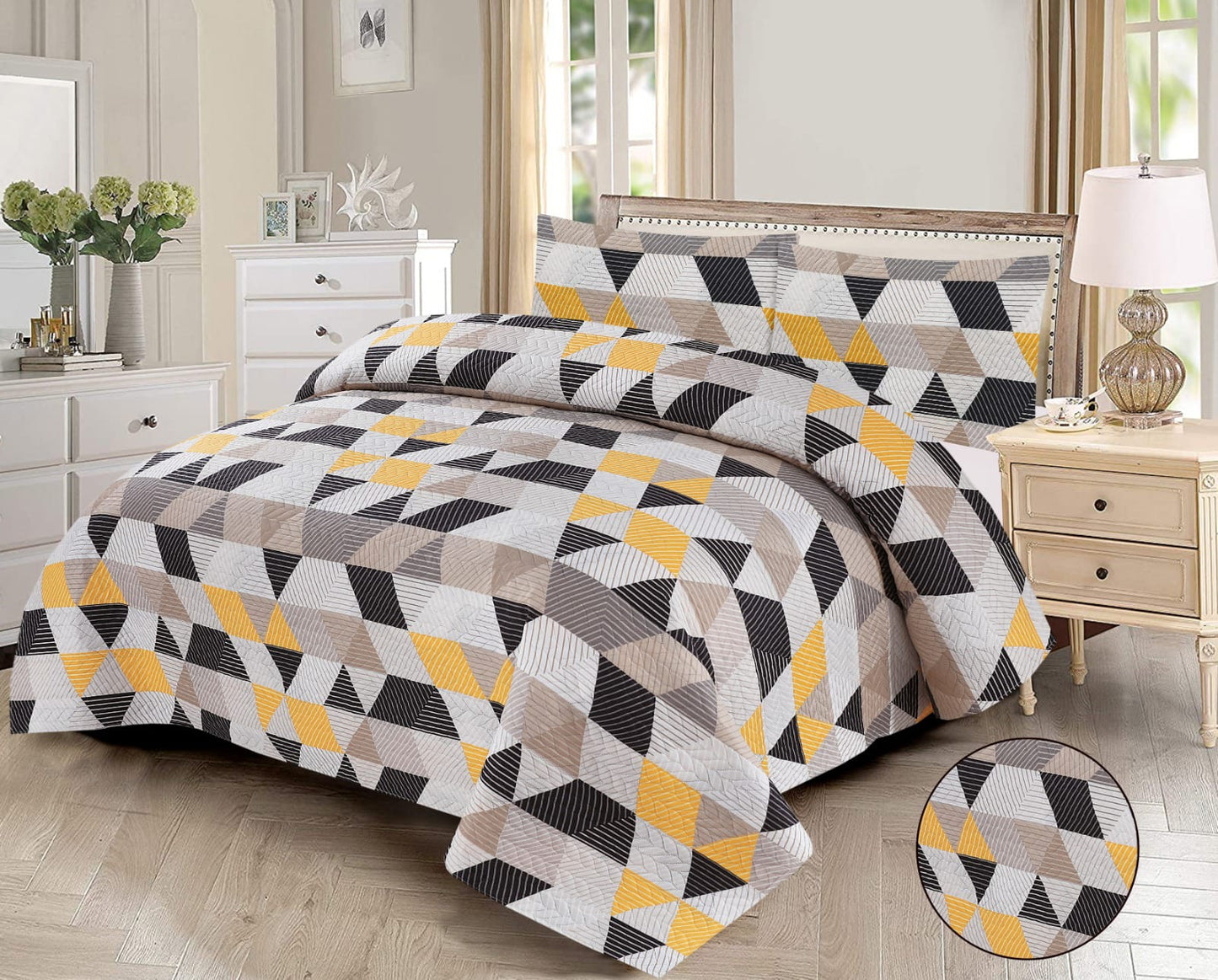 Printed 3Pcs King Size Quilted Bedspread Set -  Des00989